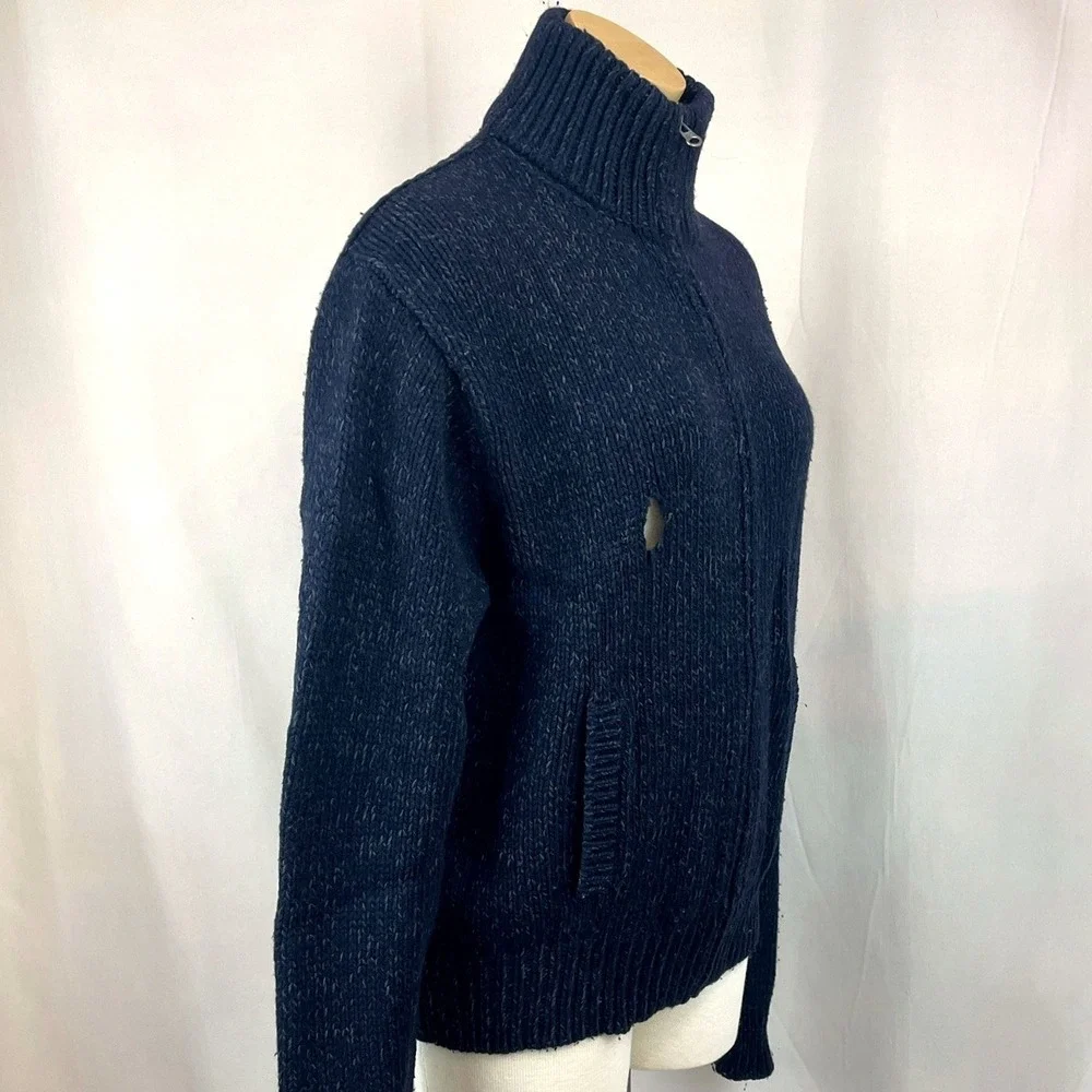 VTG 80s Mens (L) POLO Cardigan Sweater Blue Zip Pockets Grandpa Indie Distressed